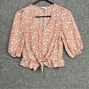 Sienna Sky Women’s XS Floral Peach V-neck Blouse Tie Front Puff Sleeves Spring